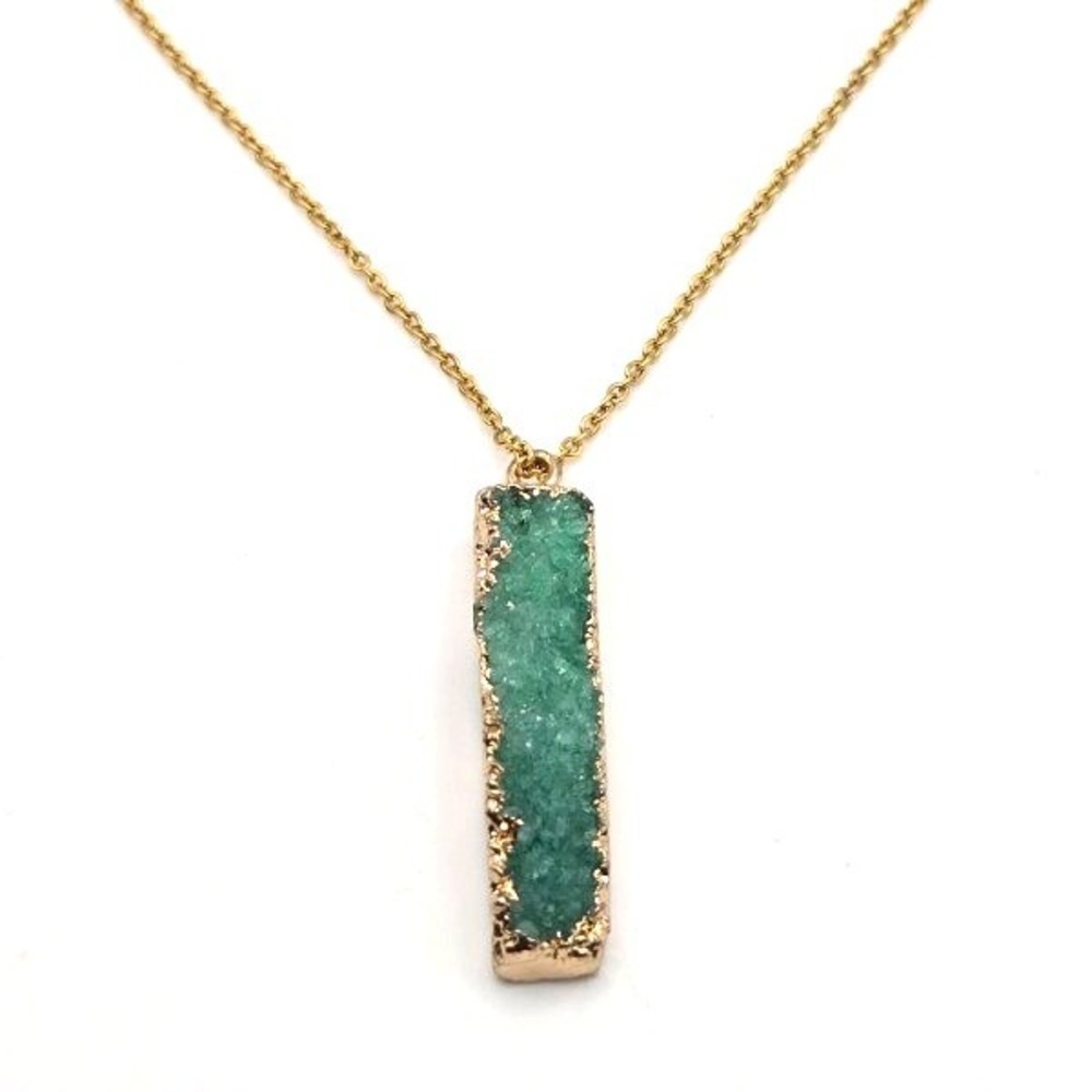 Seafoam Green Crystal Druzy Bar Pendant Necklace‎ 17" Gold Tone Cable Chain